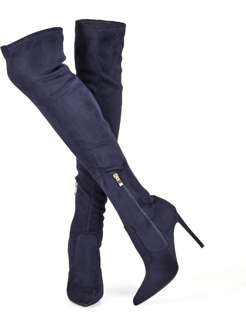 Women's Navy Blue Over the Knee Boots Stiletto Pointed Toe Long Thigh High Heels